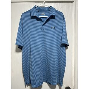 Under Armour Polo Shirt HeatGear Mens XL Blue‎ Striped Short Sleeve Golf